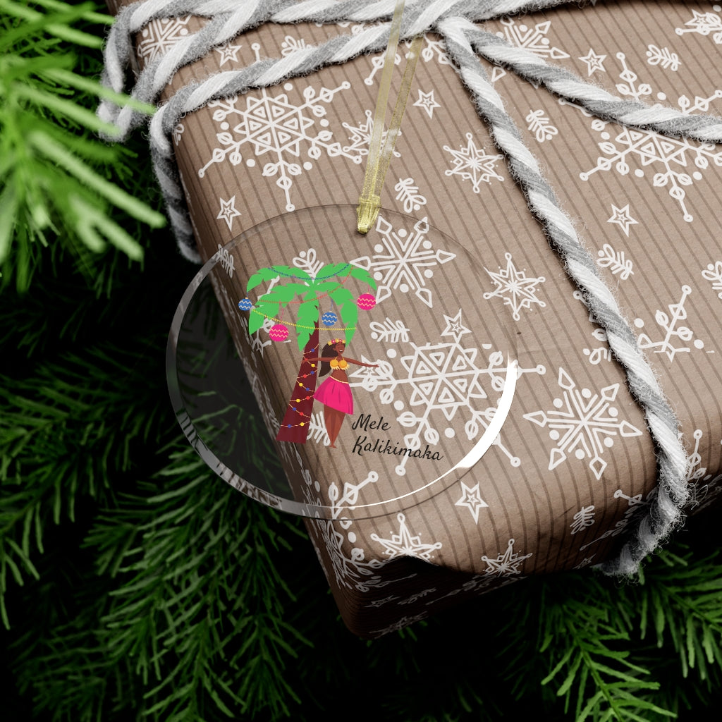 Mele Kalikimaka Christmas Luau Palm Tree Hawaii Glass Ornament