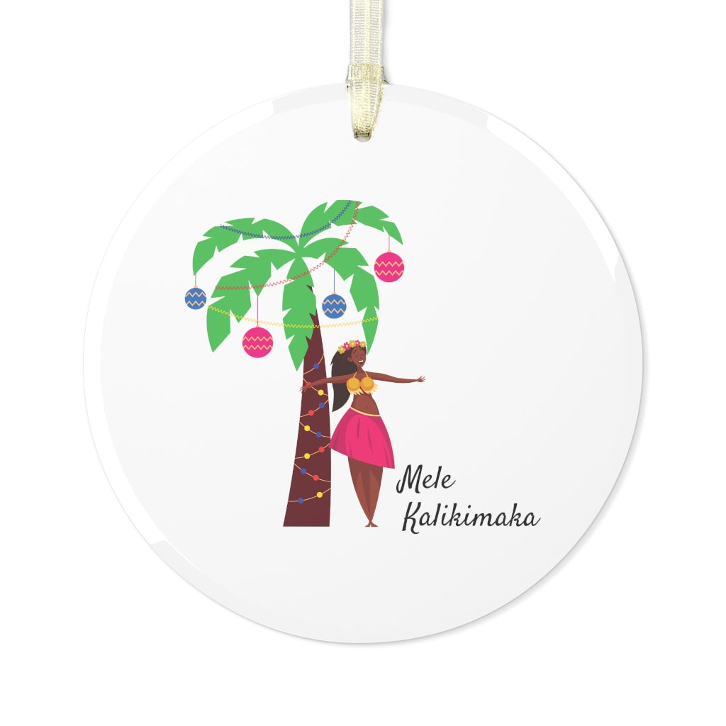 Mele Kalikimaka Christmas Luau Palm Tree Hawaii Glass Ornament