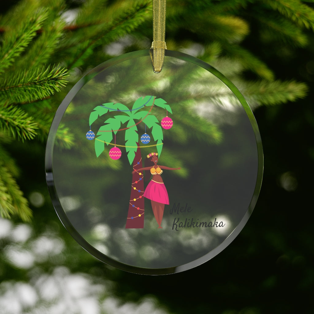 Mele Kalikimaka Christmas Luau Palm Tree Hawaii Glass Ornament